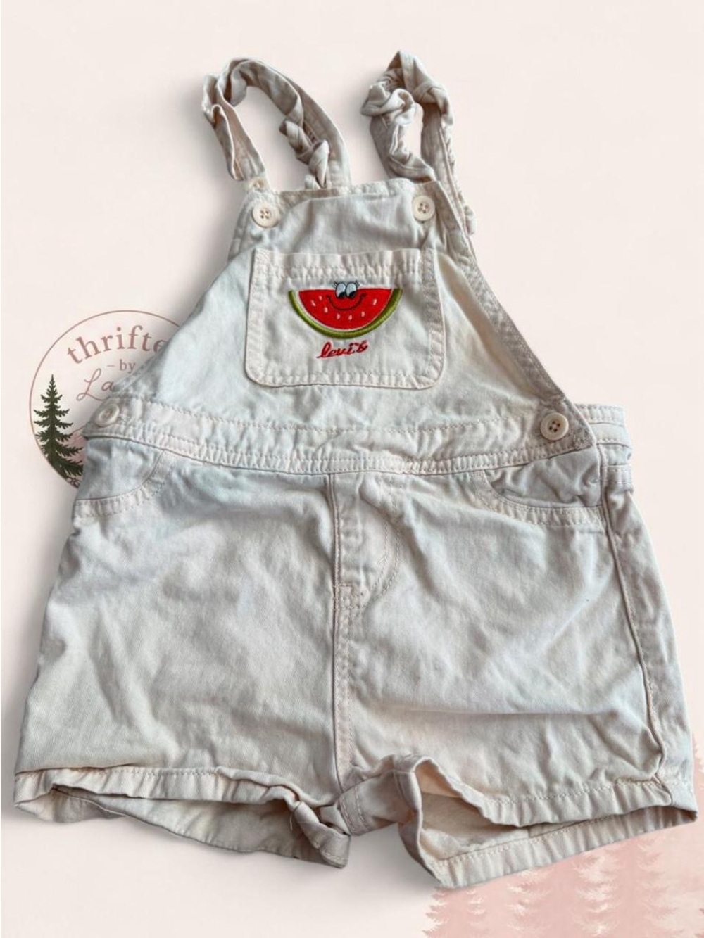 Levi’s Girls 4T Pink Denim Short Overalls Watermelon Embroidered Shorts